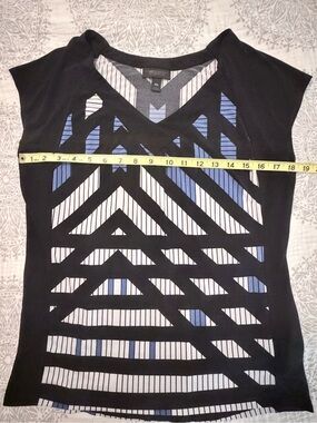Worthington Black V-Neck Top with Blue and White Stripe Inset